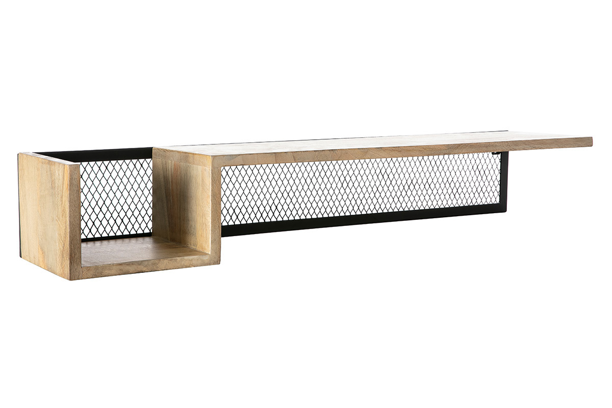�tag�re murale industrielle en bois manguier et m�tal noir, vue de 3/4, dimensions L90 cm.