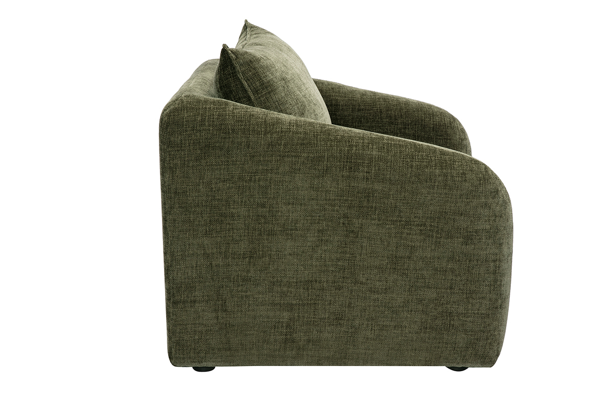 Fauteuil convertible vert kaki en velours textur�, vue de c�t�.