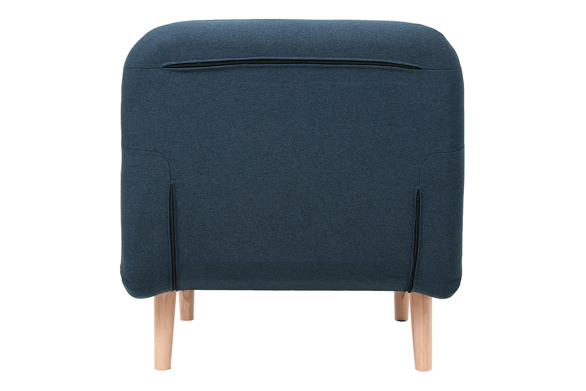 Fauteuil convertible scandinave AMIKO en tissu bleu, vue arri�re, pieds en bois clair.