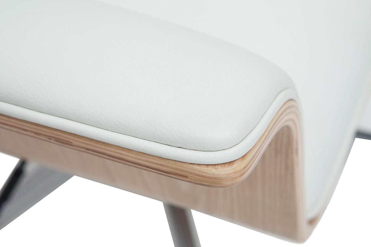 Fauteuil de bureau � roulettes design blanc, bois clair et acier chrom� ELON