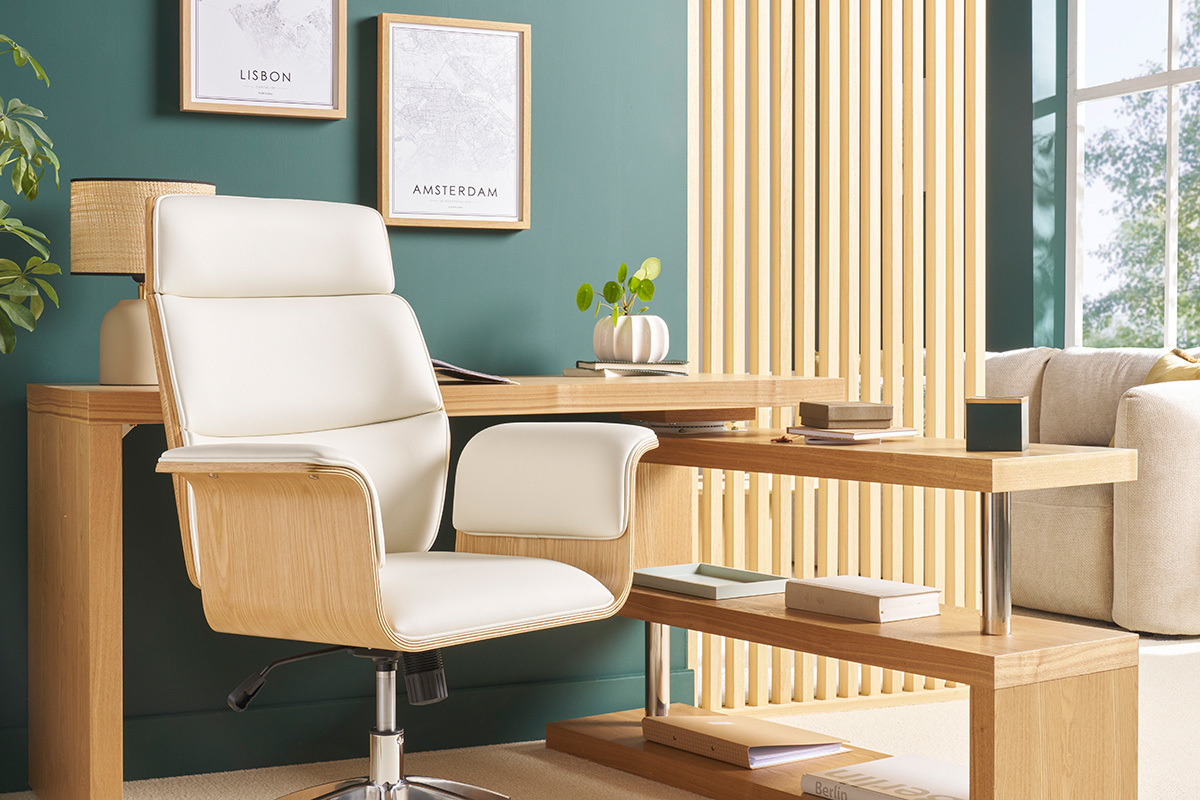 Fauteuil de bureau � roulettes design blanc, bois clair et acier chrom� ELON