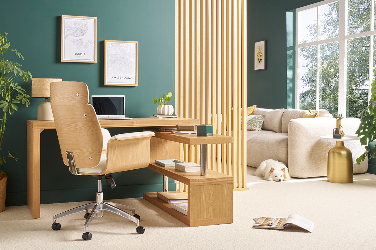 Fauteuil de bureau � roulettes design blanc, bois clair et acier chrom� ELON