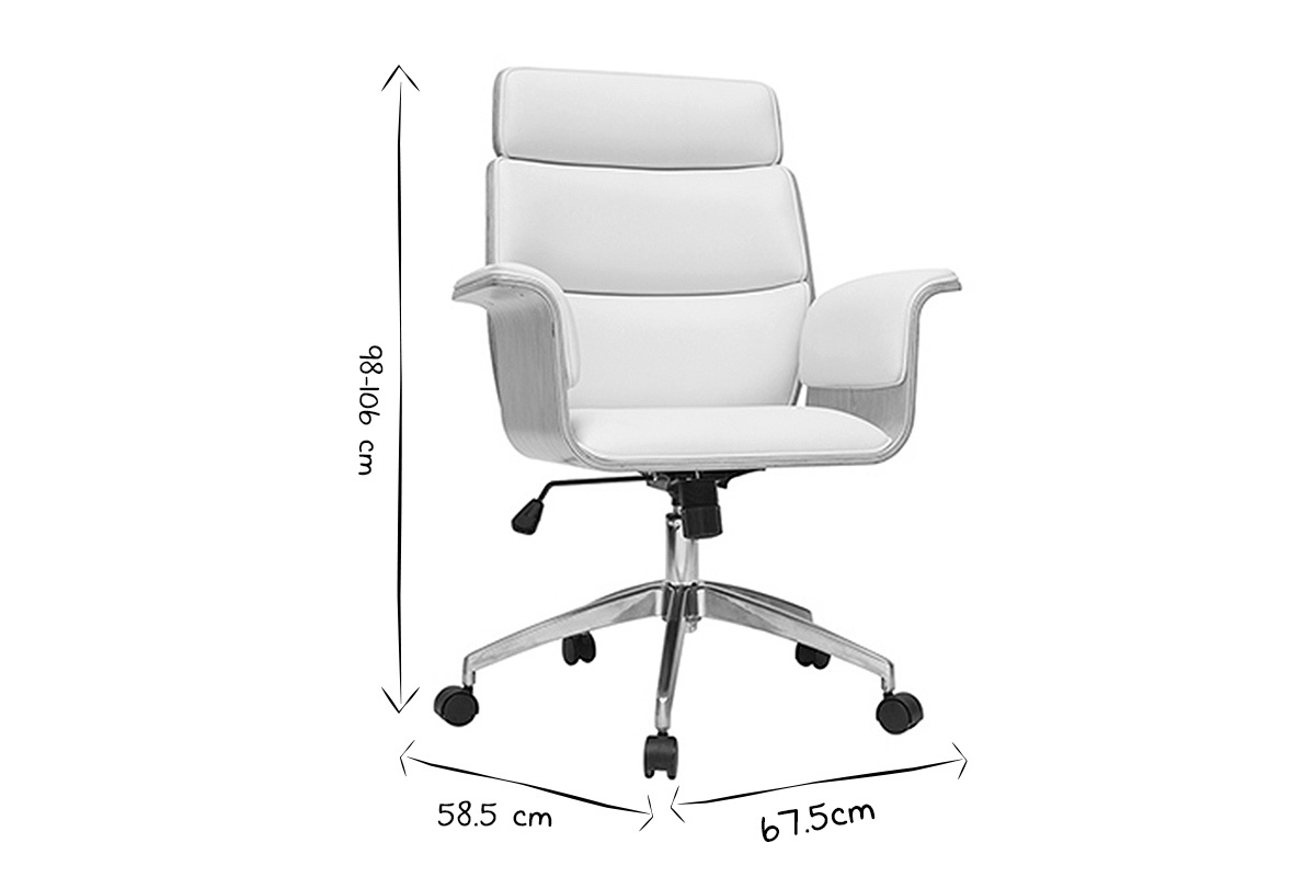 Fauteuil de bureau � roulettes design blanc, bois clair et acier chrom� ELON
