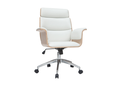 Fauteuil de bureau &agrave; roulettes design blanc, bois clair et acier chrom&eacute; ELON