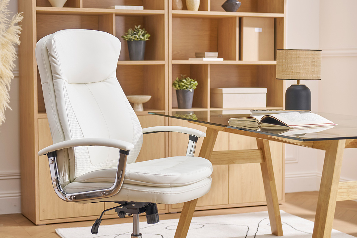 Fauteuil de bureau � roulettes design blanc et acier chrom� WALL STREET