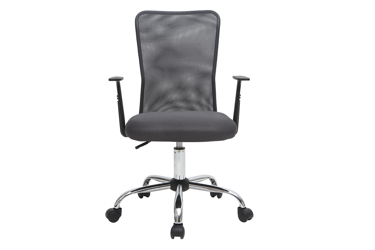 Fauteuil de bureau en mesh gris avec accoudoirs, vue de face, base en acier chrom� et roulettes.