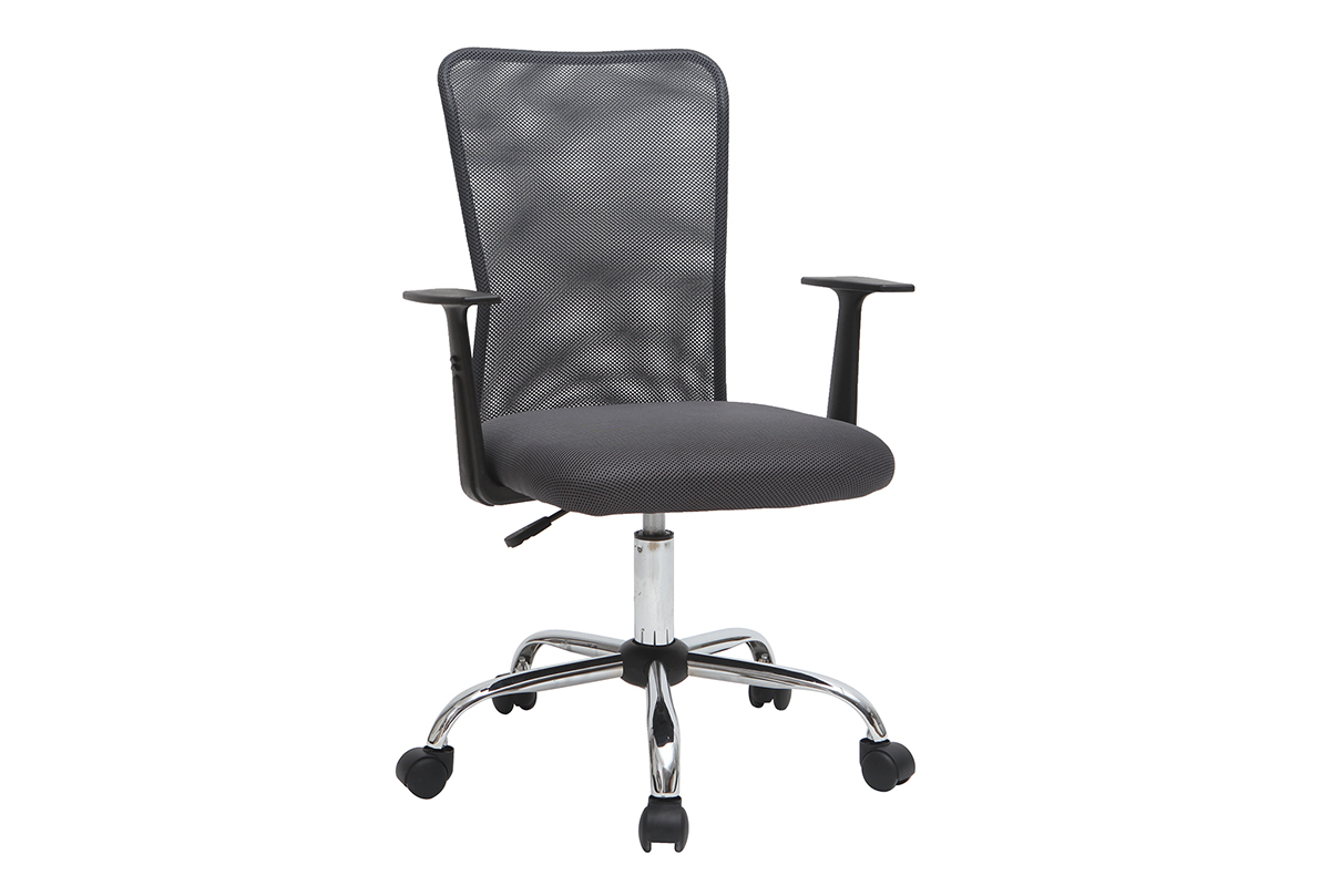 Fauteuil de bureau en mesh gris, roulettes et accoudoirs, vue de 3/4.