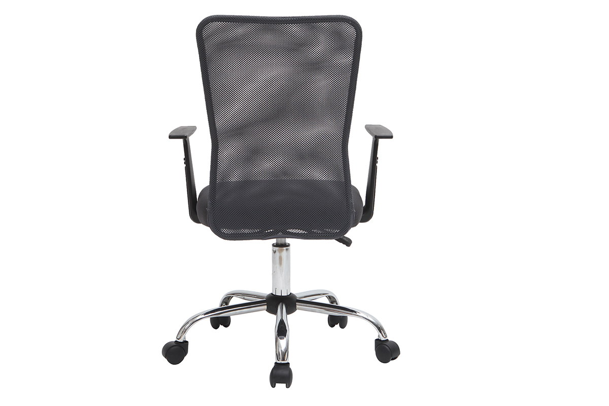 Fauteuil de bureau en mesh gris, vue de dos, structure acier chrom� et roulettes noires.