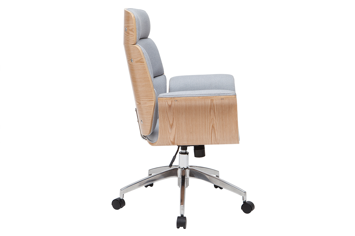 Fauteuil de bureau ELON en tissu gris, bois clair et acier chrom�, vue de profil.