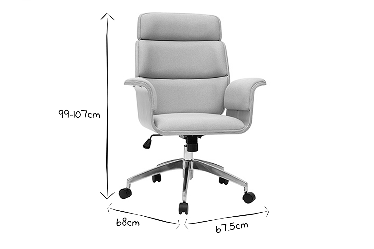 Dimensions du fauteuil de bureau � roulettes ELON en noir et blanc, height 99-107 cm, width 68 cm.