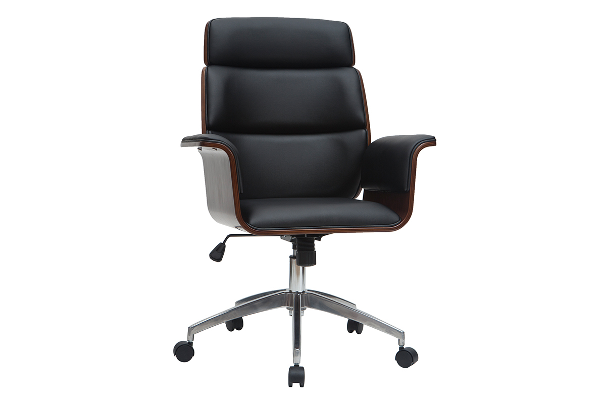 Fauteuil de bureau � roulettes design noir, bois fonc� noyer et acier chrom� ELON