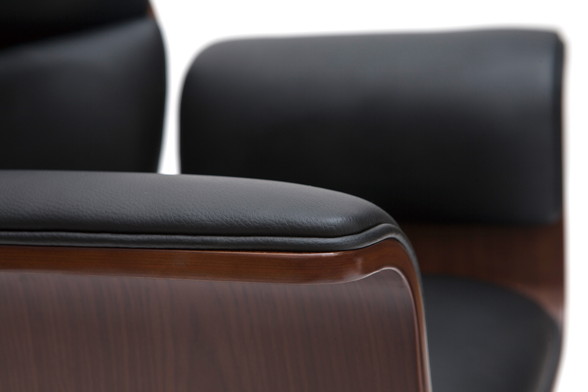 Fauteuil de bureau � roulettes design noir, bois fonc� noyer et acier chrom� ELON