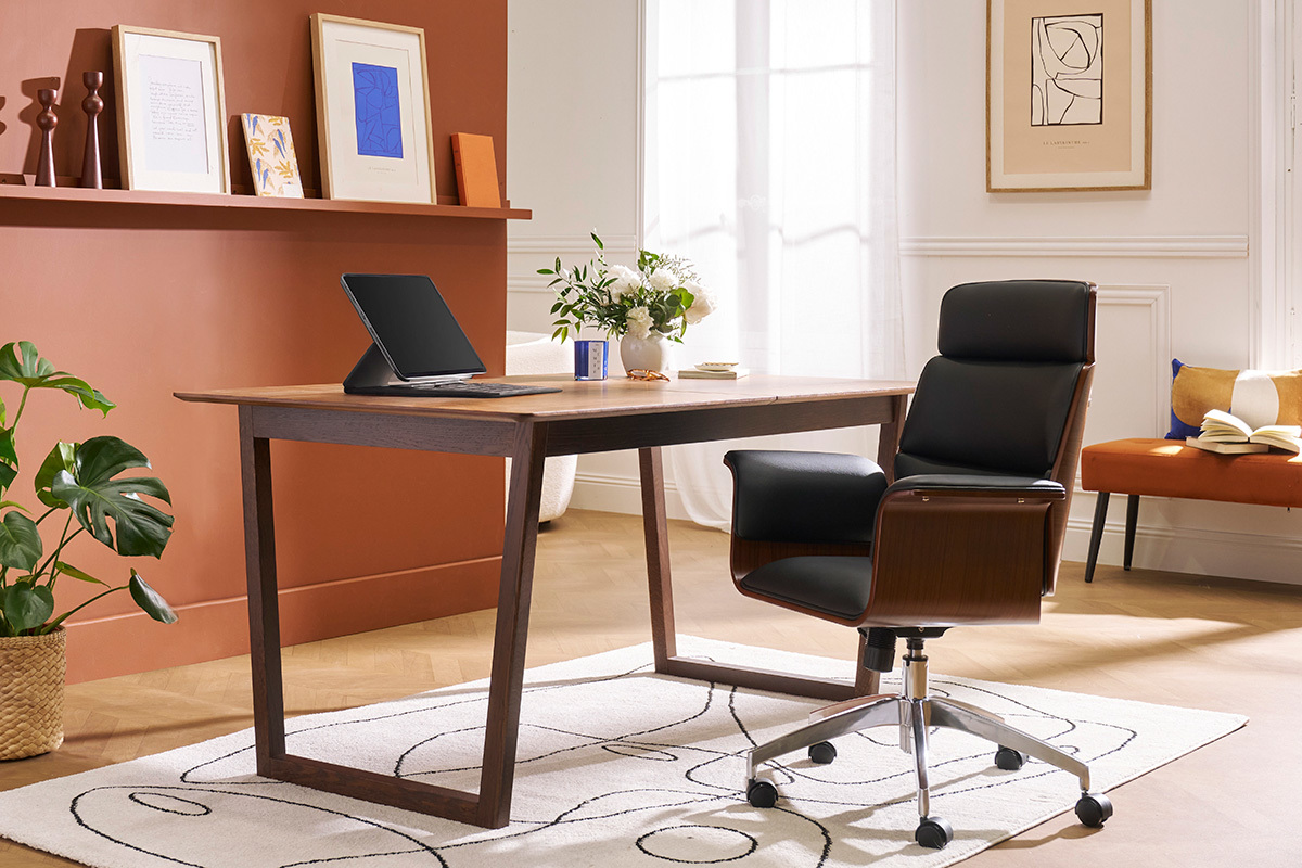 Fauteuil de bureau � roulettes design noir, bois fonc� noyer et acier chrom� ELON