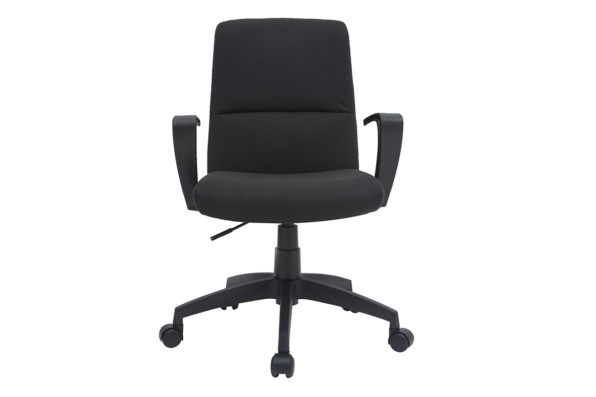 Fauteuil de bureau noir � roulettes en tissu et m�tal, vue de face.