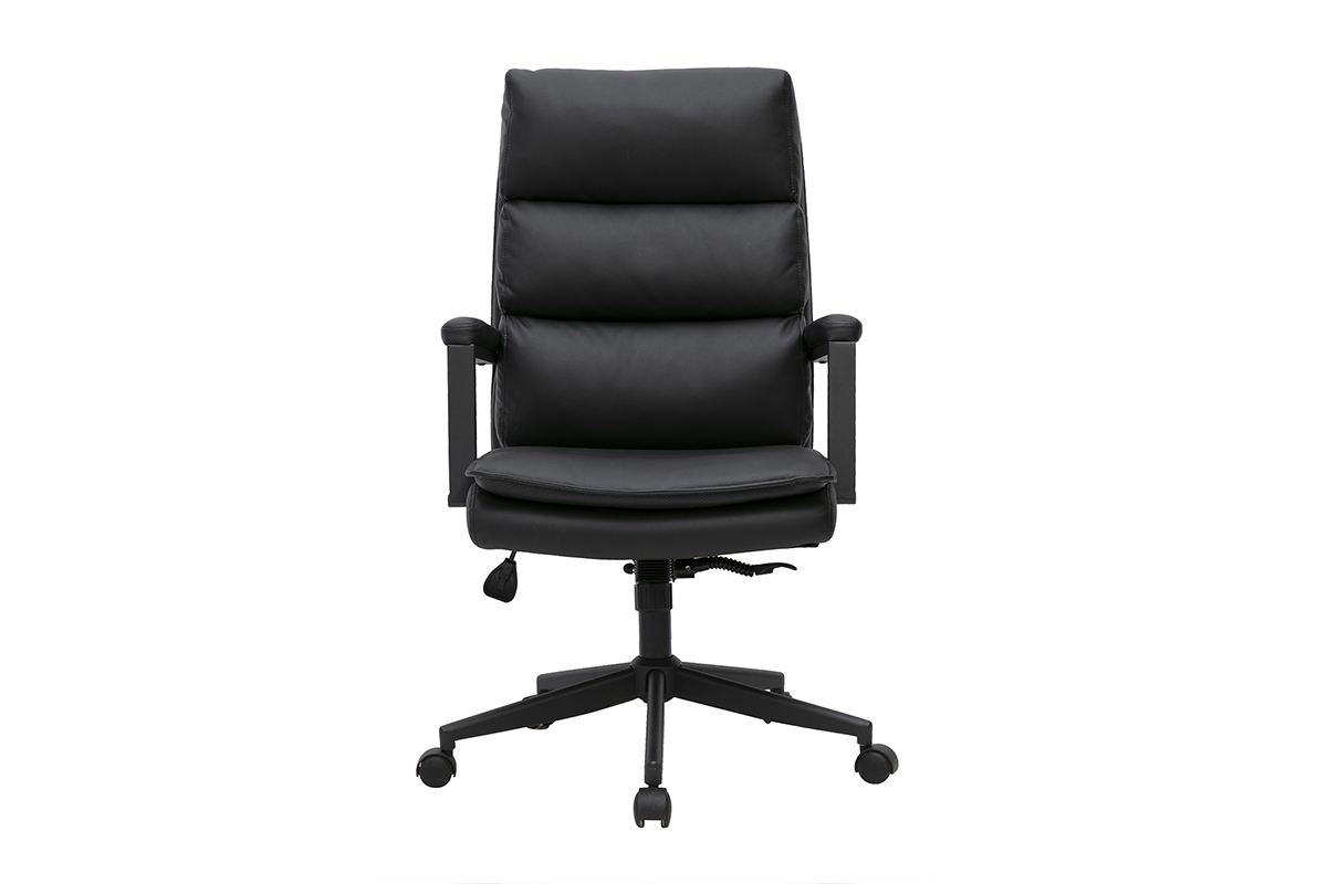 Fauteuil de bureau � roulettes noir SAEL, vue de face, avec accoudoirs et assise rembourr�e.