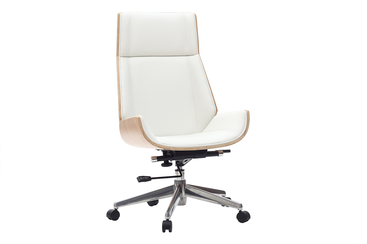 Fauteuil de bureau de direction design blanc, bois clair et acier chrom� CURVED