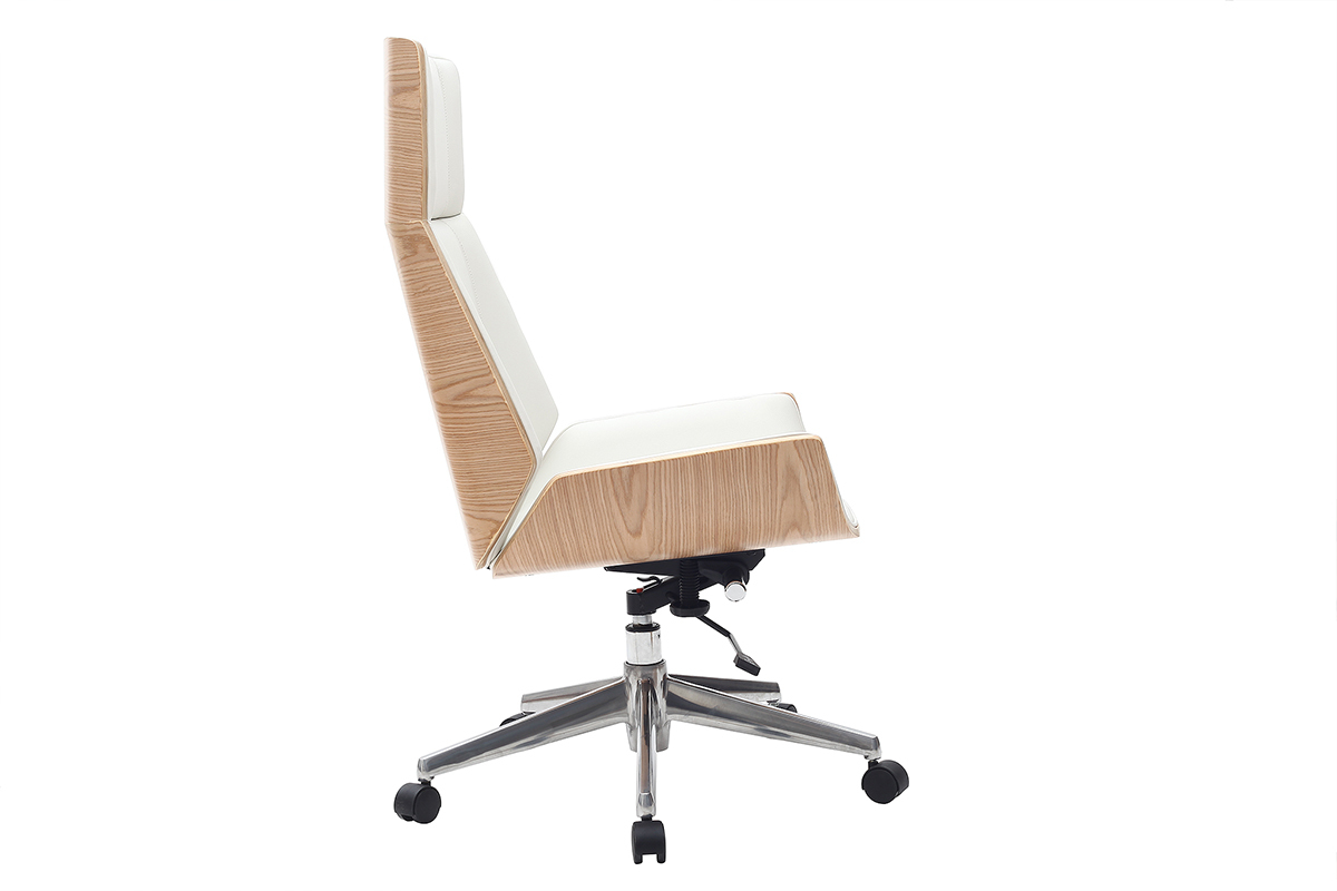 Fauteuil de bureau de direction design blanc, bois clair et acier chrom� CURVED