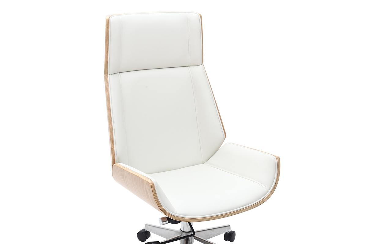 Fauteuil de bureau de direction design blanc, bois clair et acier chrom� CURVED