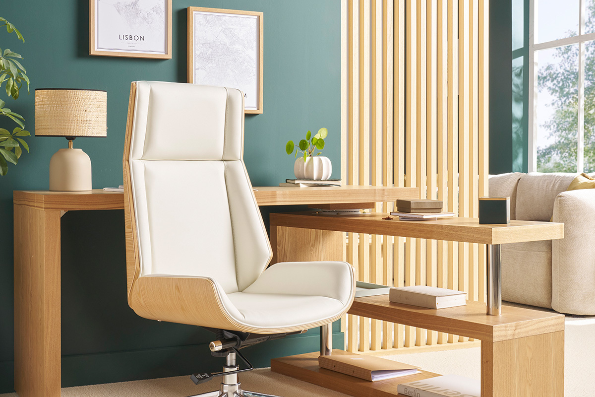 Fauteuil de bureau de direction design blanc, bois clair et acier chrom� CURVED