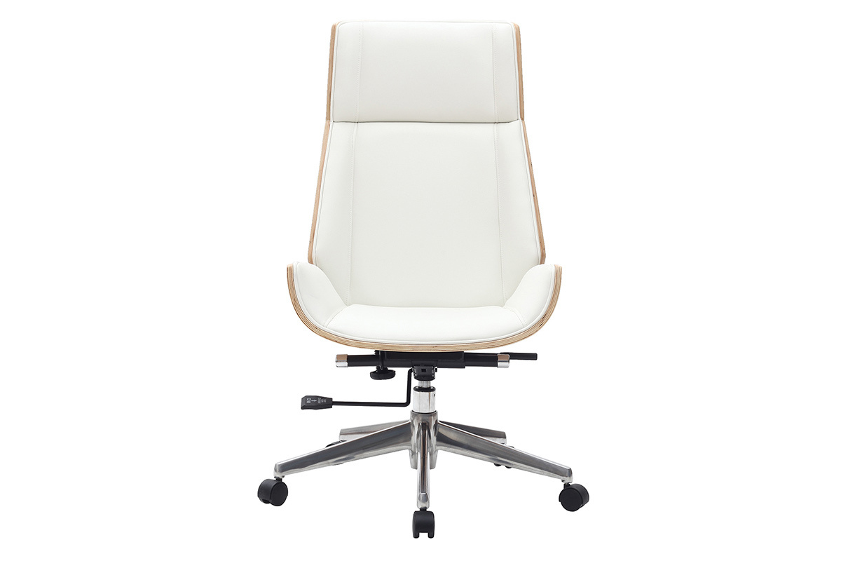 Fauteuil de bureau de direction design blanc, bois clair et acier chrom� CURVED