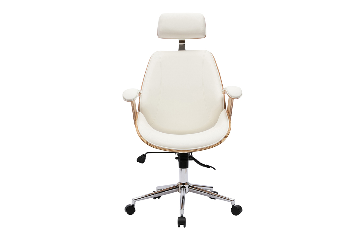 Fauteuil de bureau MUSK en vue de face avec accoudoirs rembourr�s et appui-t�te, structure bois clair.