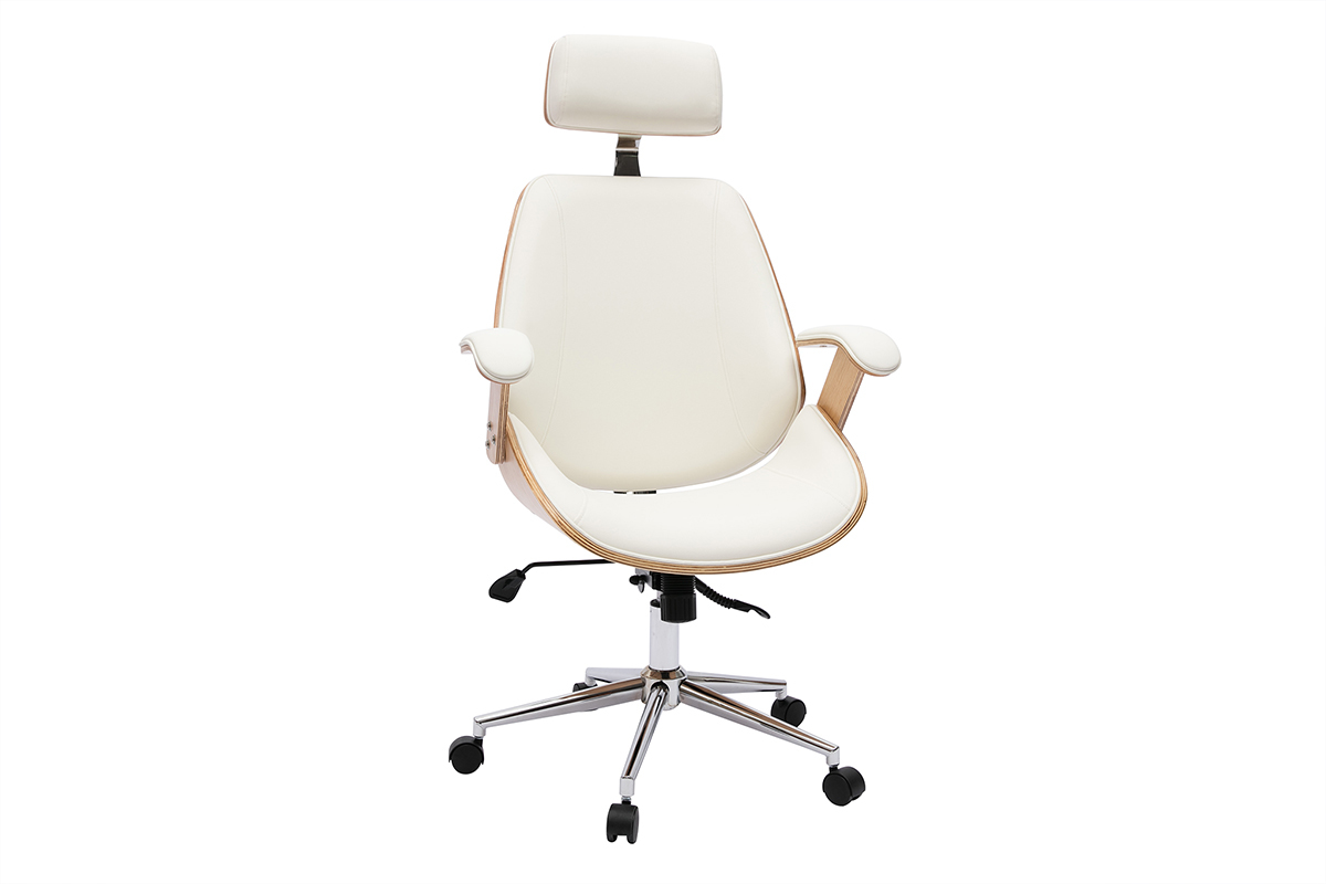 Fauteuil de bureau design blanc avec dossier inclinable et accoudoirs, structure bois clair, roulettes, vue de 3/4.