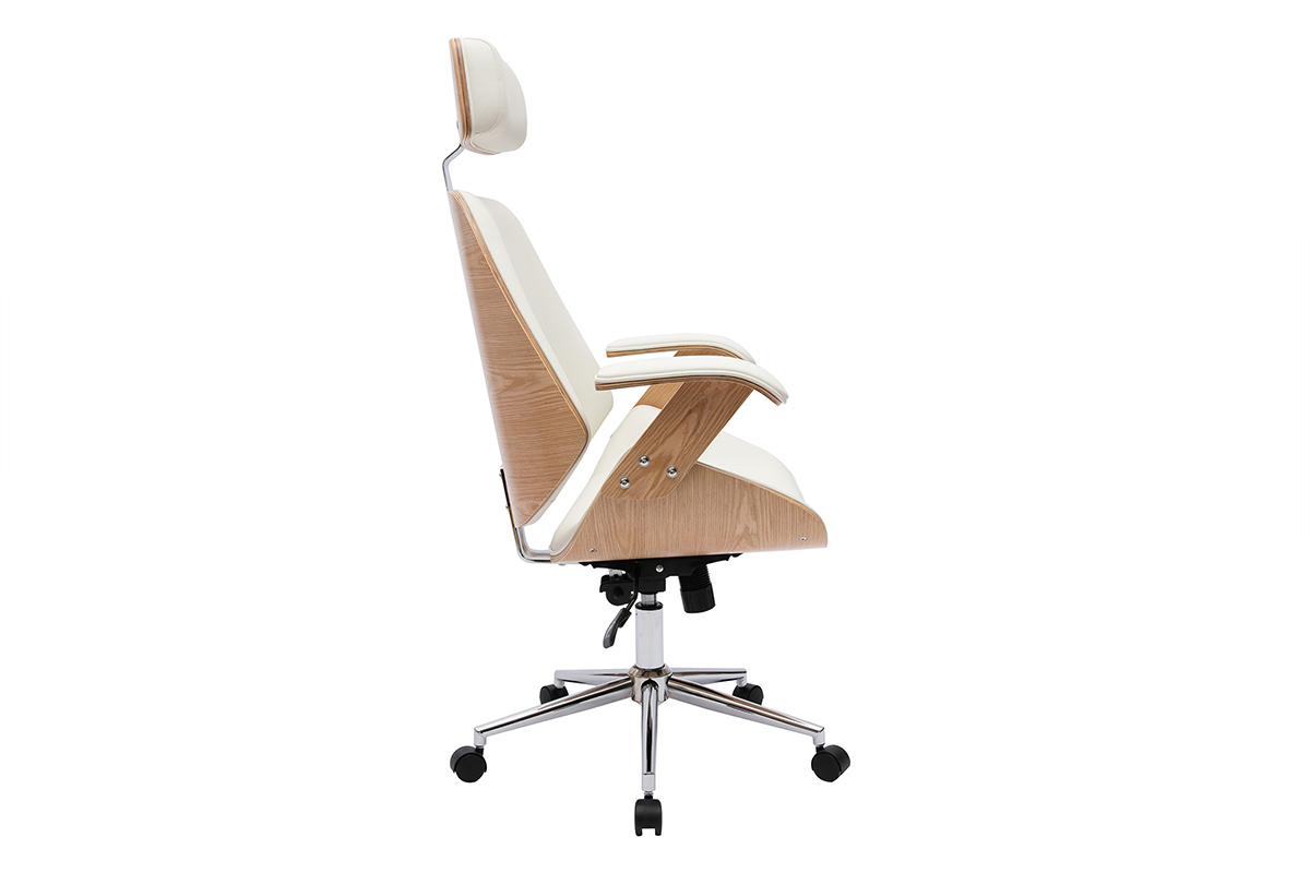 Fauteuil de bureau MUSK, vue de profil, blanc et bois, roulettes.