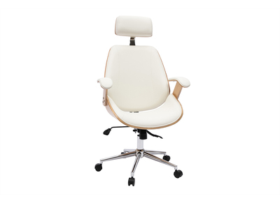 Fauteuil de bureau de direction design blanc, bois clair et acier chrom&eacute; MUSK