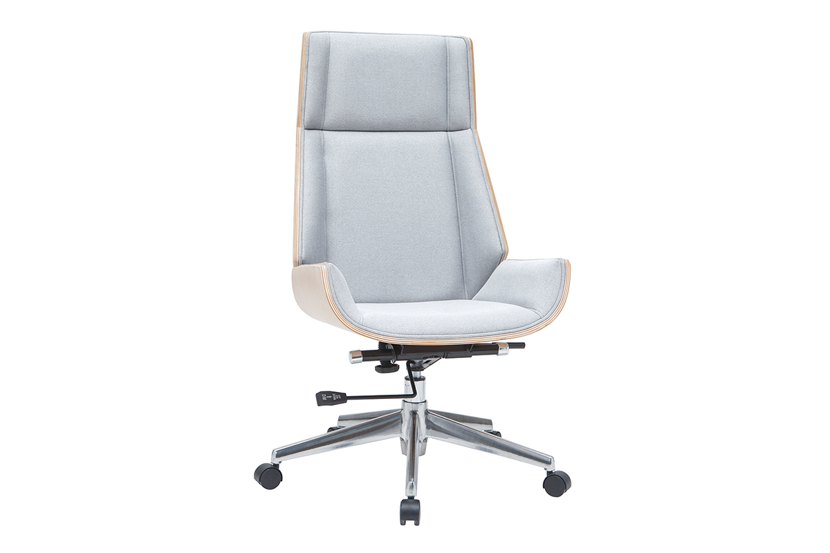 Fauteuil de bureau de direction design en tissu gris clair, bois clair et acier chrom� CURVED