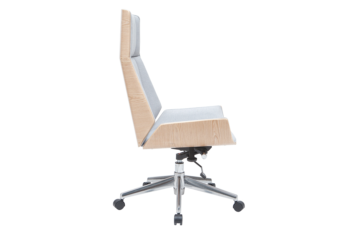 Fauteuil de bureau de direction design en tissu gris clair, bois clair et acier chrom� CURVED