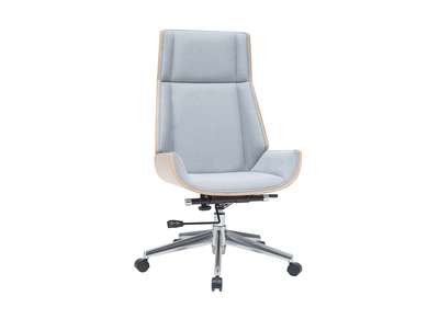 Fauteuil de bureau de direction design en tissu gris clair, bois clair et acier chrom&eacute; CURVED