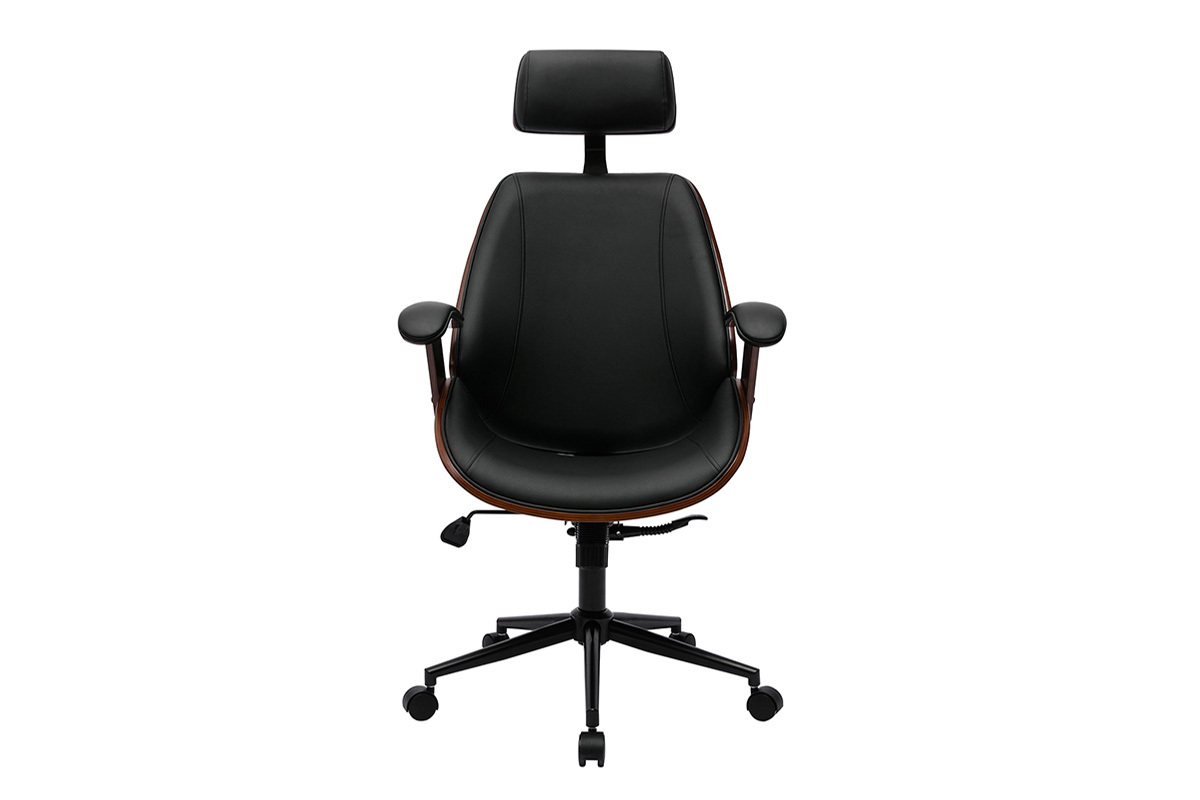 Fauteuil de bureau noir avec appui-t�te, accoudoirs et roulettes, vue de face.