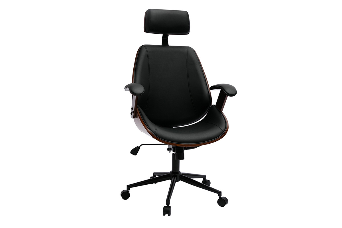 Fauteuil de bureau noir, bois fonc� et m�tal, face 3/4.