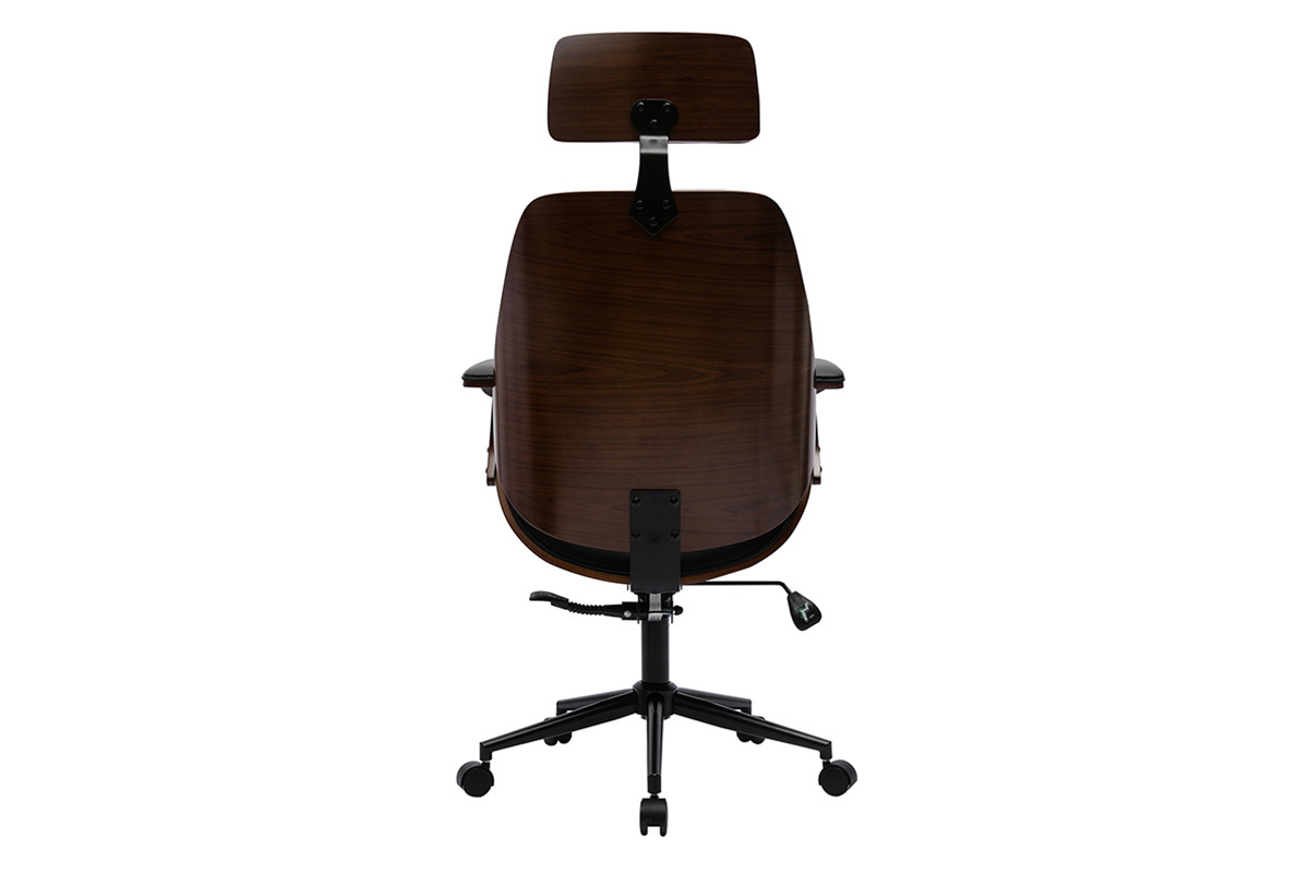 Fauteuil de bureau design MUSK vu de dos, bois fonc�, m�tal noir, appui-t�te et roulettes.