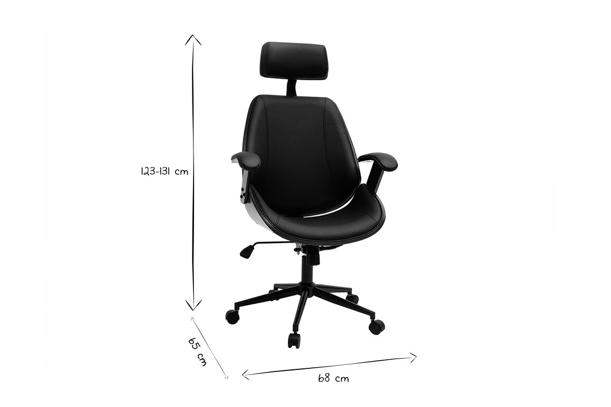 Dimensions du fauteuil de bureau MUSK en noir et blanc : hauteur 123-131 cm, profondeur 65 cm, largeur 68 cm.