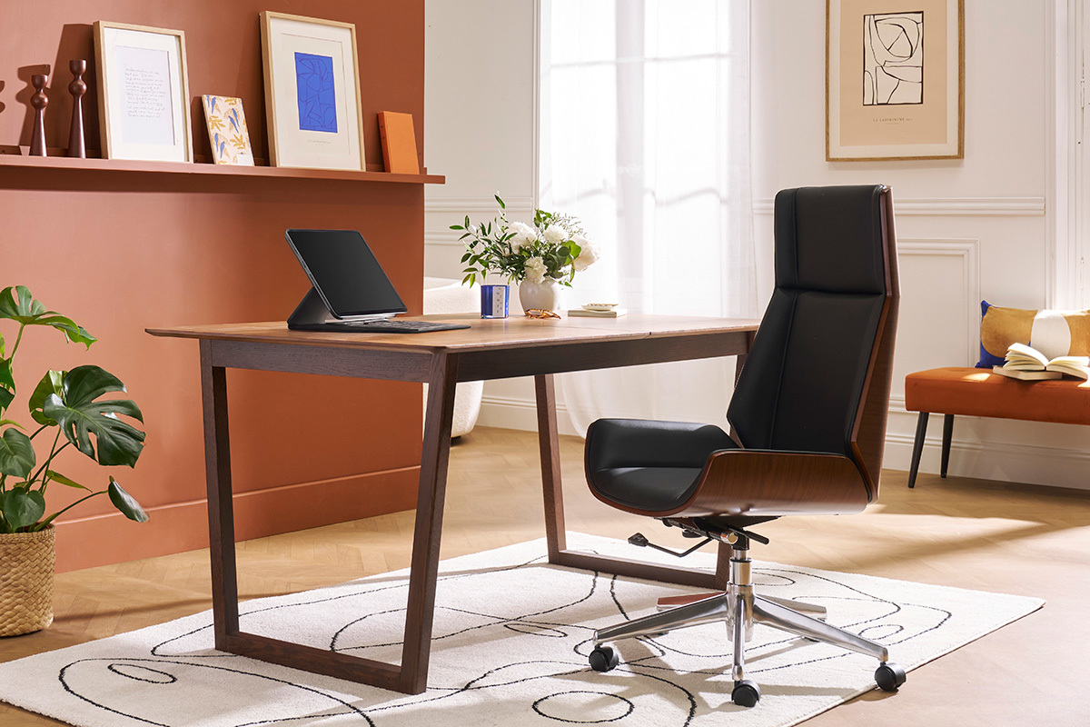 Fauteuil de bureau de direction design noir, bois fonc� noyer et acier chrom� CURVED