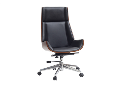 Fauteuil de bureau de direction design noir, bois fonc&eacute; noyer et acier chrom&eacute; CURVED