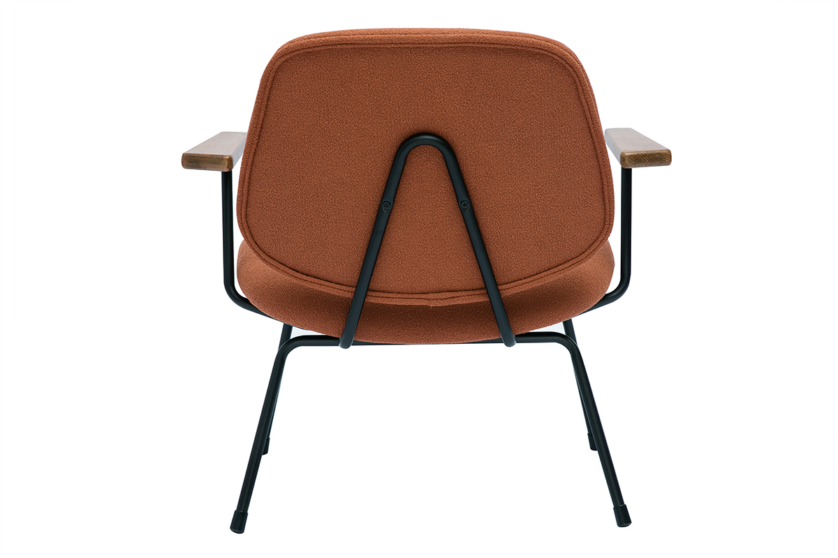 Fauteuil design en tissu effet laine boucl�e terre br�l�e, m�tal noir et bois fonc� BARNET