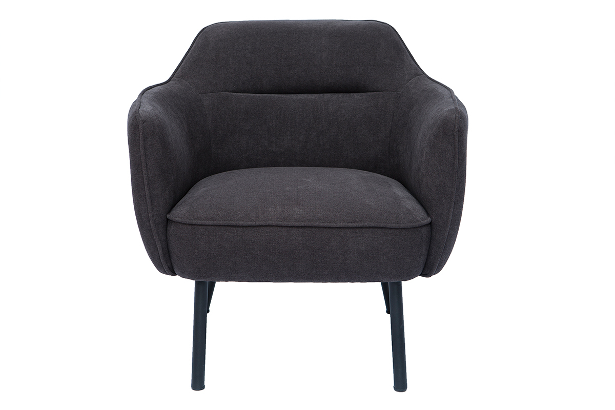Fauteuil design en tissu effet velours gris fonc� avec pieds noirs, vue de face.