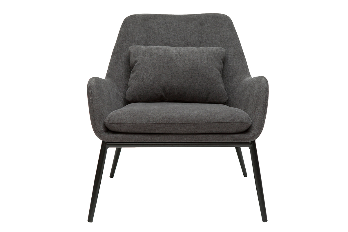 Fauteuil MAXINE gris fonc� vue de face, tissu effet velours et pieds en m�tal noir.