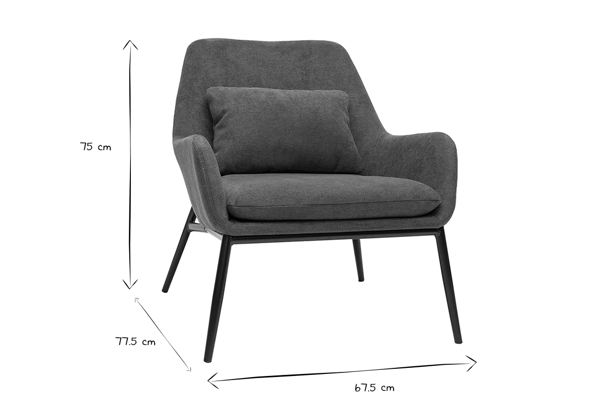 Fauteuil MAXINE en tissu noir et blanc avec dimensions 75 cm H, 77,5 cm P, 67,5 cm L.