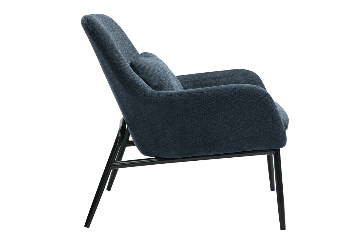 Fauteuil design bleu fonc� en tissu effet velours et m�tal noir