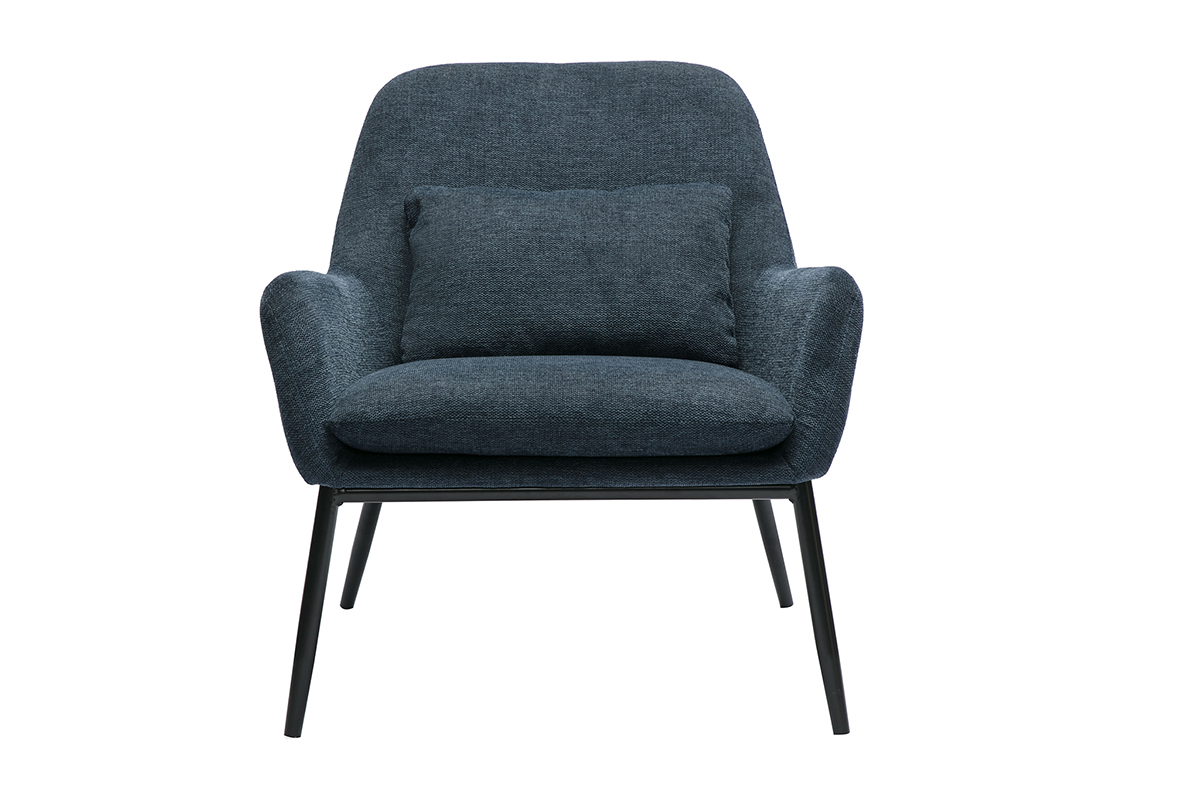 Fauteuil en tissu effet velours bleu fonc� et m�tal noir, mod�le design MAXINE.