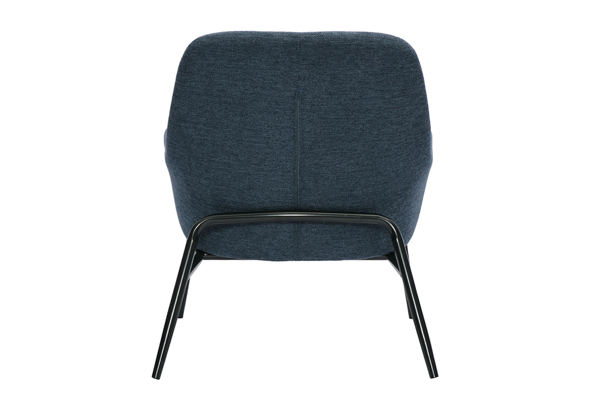 Fauteuil bleu fonc� en tissu et m�tal noir, vue arri�re.