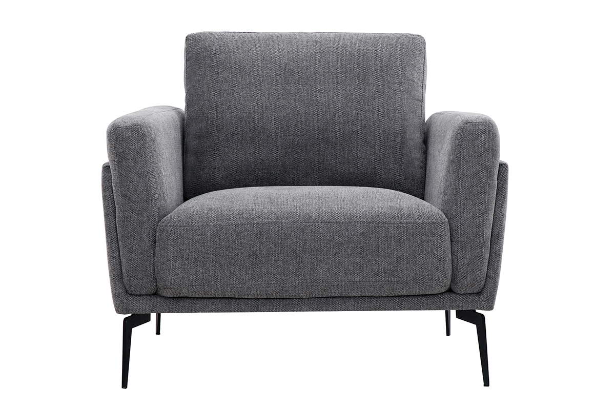 Fauteuil design en tissu effet velours textur� gris et m�tal noir MOSCO