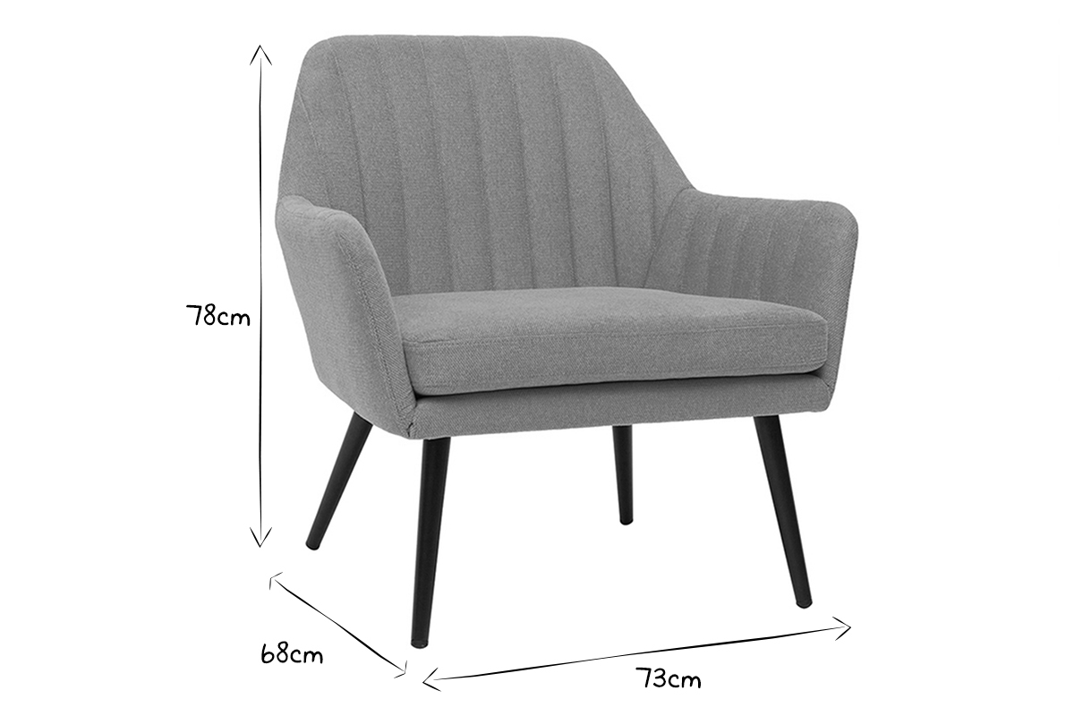 Dimensions du fauteuil GASTON en noir et blanc, hauteur 78 cm, largeur 68 cm, profondeur 73 cm.