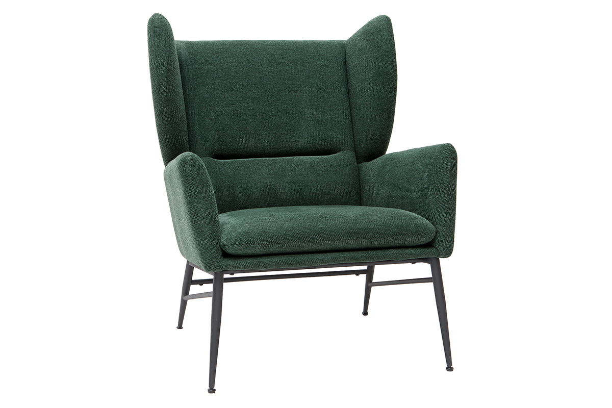 Fauteuil design en tissu effet velours textur� vert et m�tal noir COME