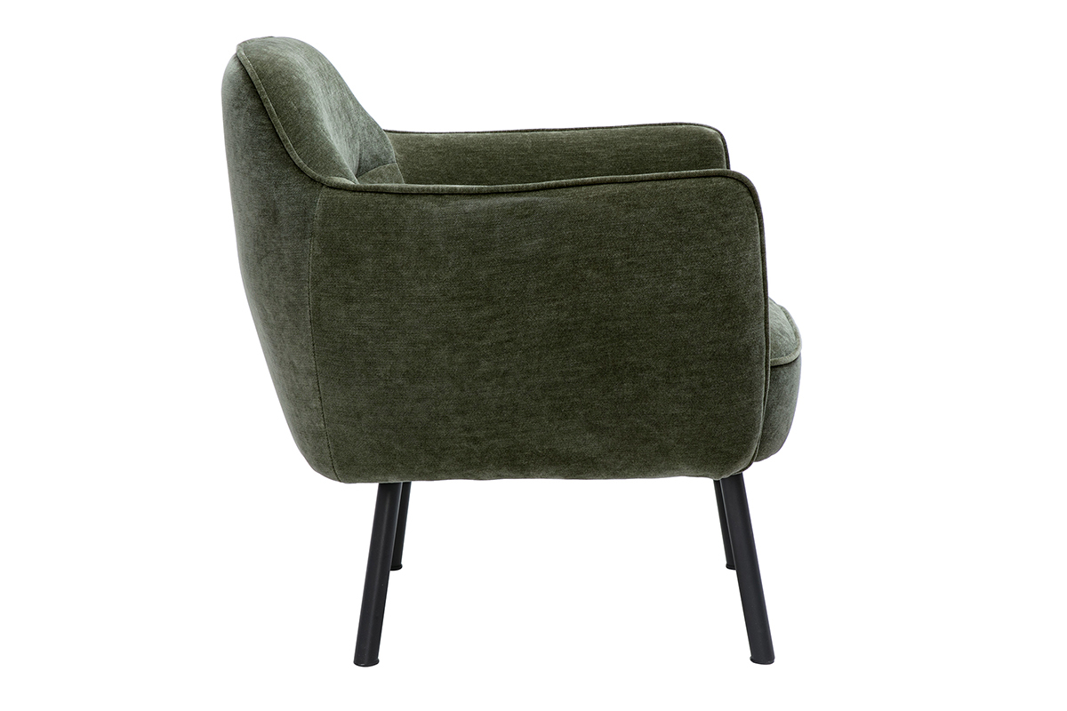 Fauteuil vert kaki en tissu effet velours avec pieds en m�tal noir