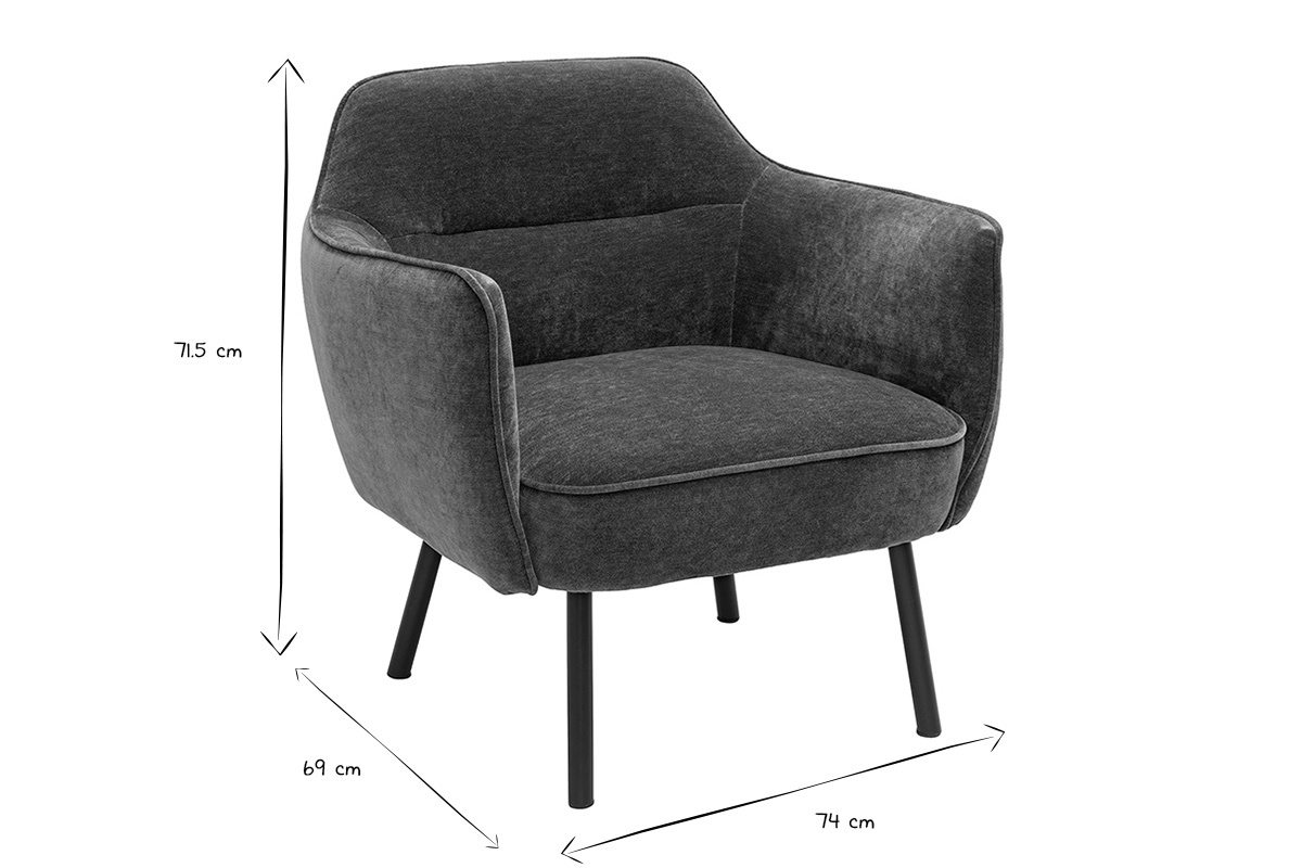 Dimensions du fauteuil design en tissu effet velours vert kaki et m�tal noir LAURENS