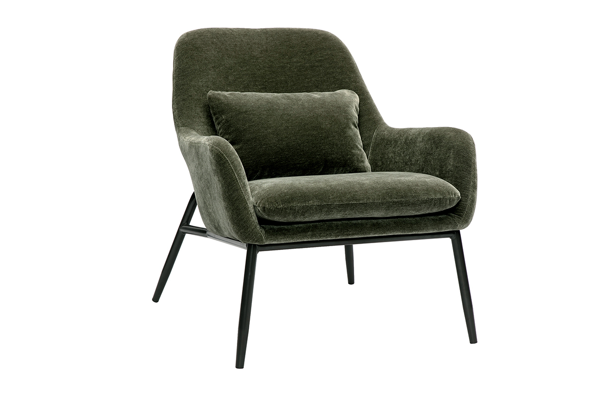 Fauteuil design en tissu velours vert kaki avec pieds en m�tal noir